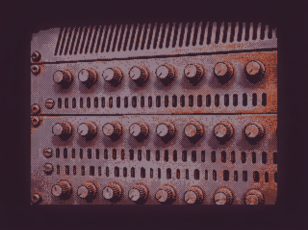 Dithered close-up of a hardware panel with rows of knobs and slots