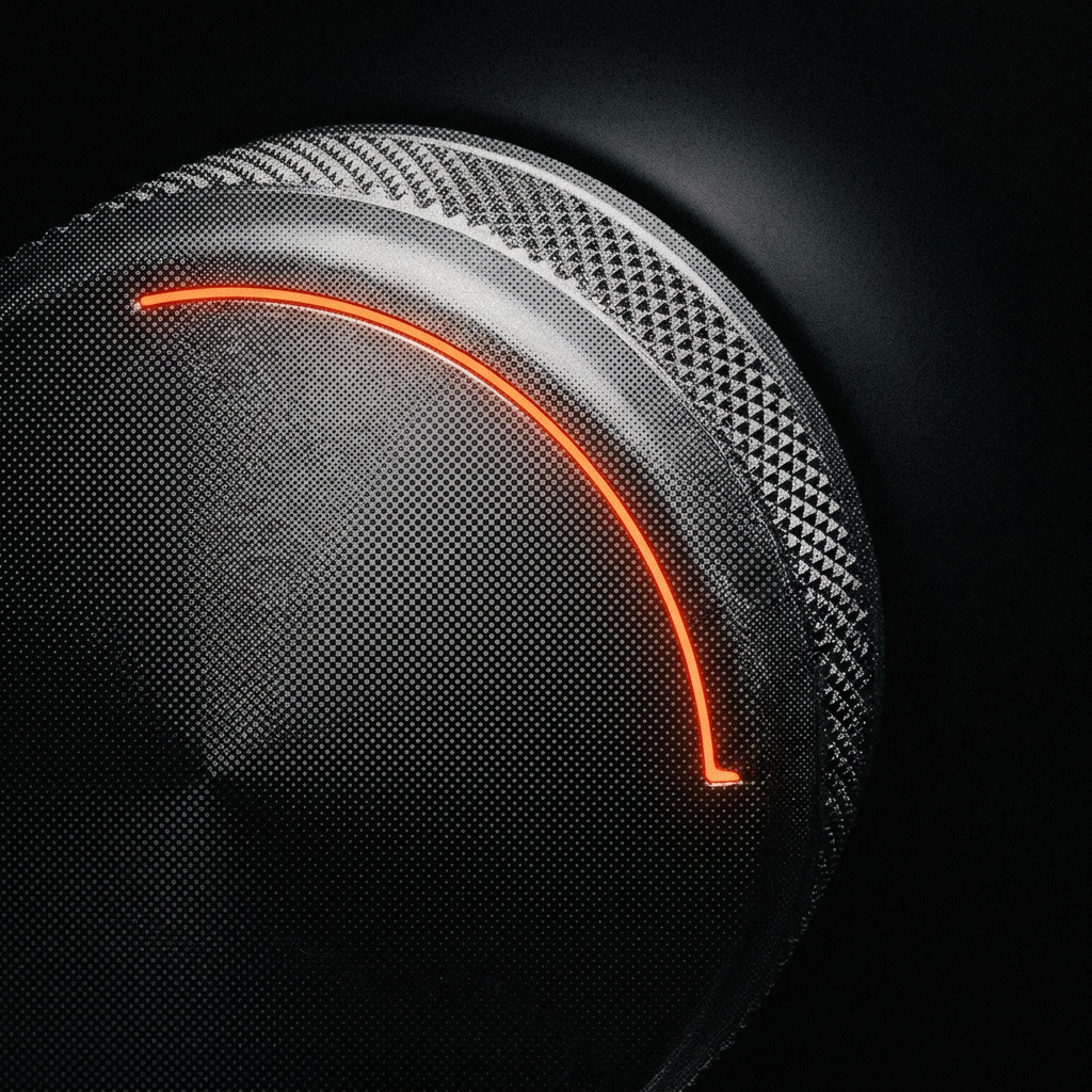 Close-up of a dot-matrix machined mastering knob with a glowing orange indicator arc